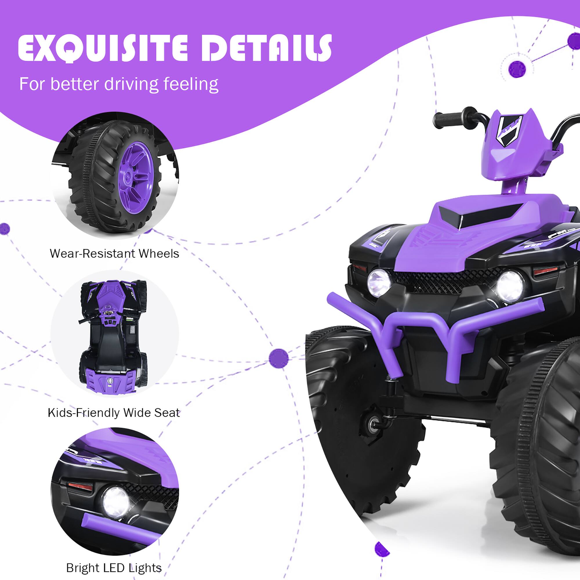 EXQUISITE DETAILS
For better driving feeling
Wear-Resistant Wheels
Kids-Friendly Wide Seat
Bright LED Lights