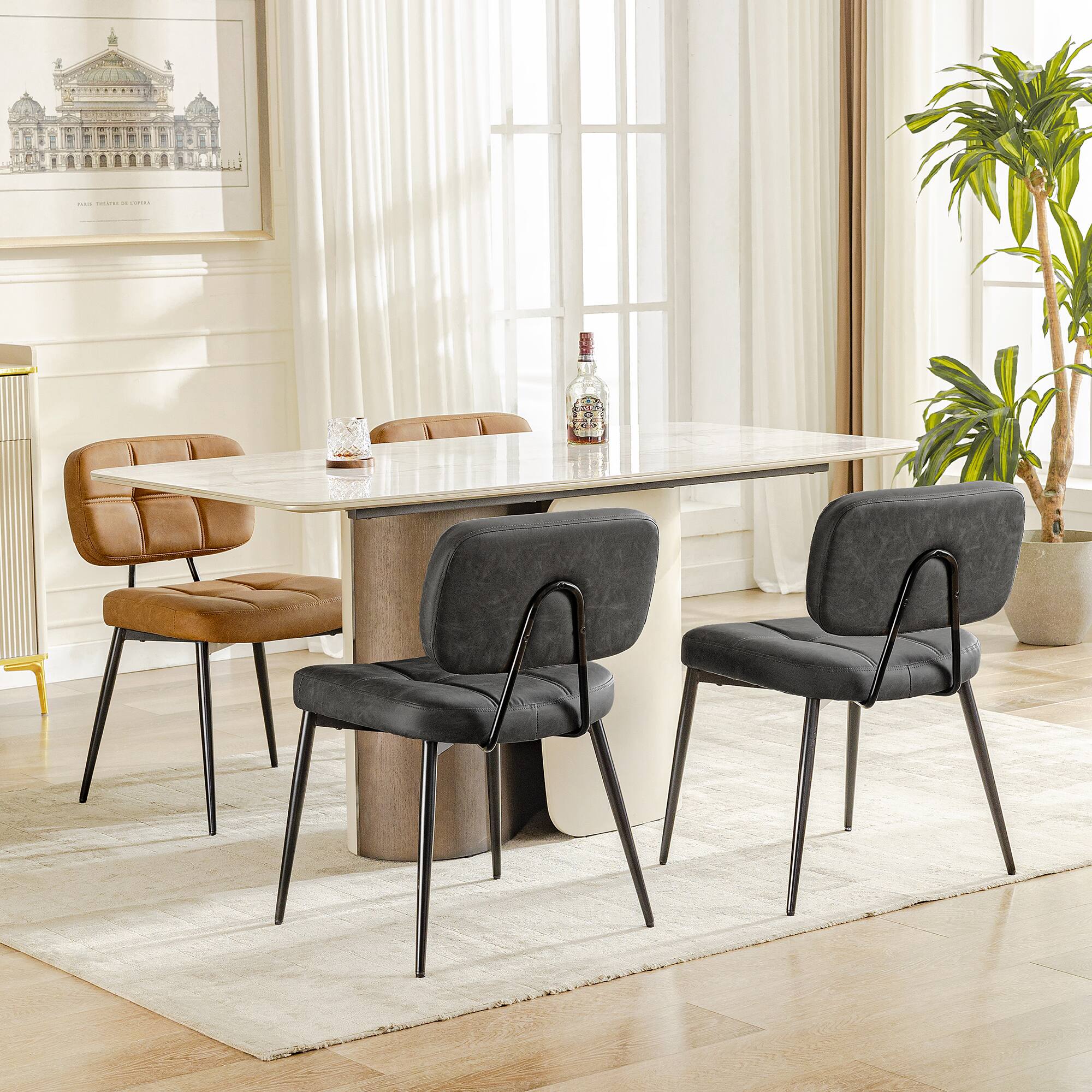 Alt View 6. KERDOM - Mid-Century Dining Chairs Set of 2, Vintage PU Leather Armless Kitchen Chair 2pcs, Thickened Cushion Coffee Corner Chair - Grey.