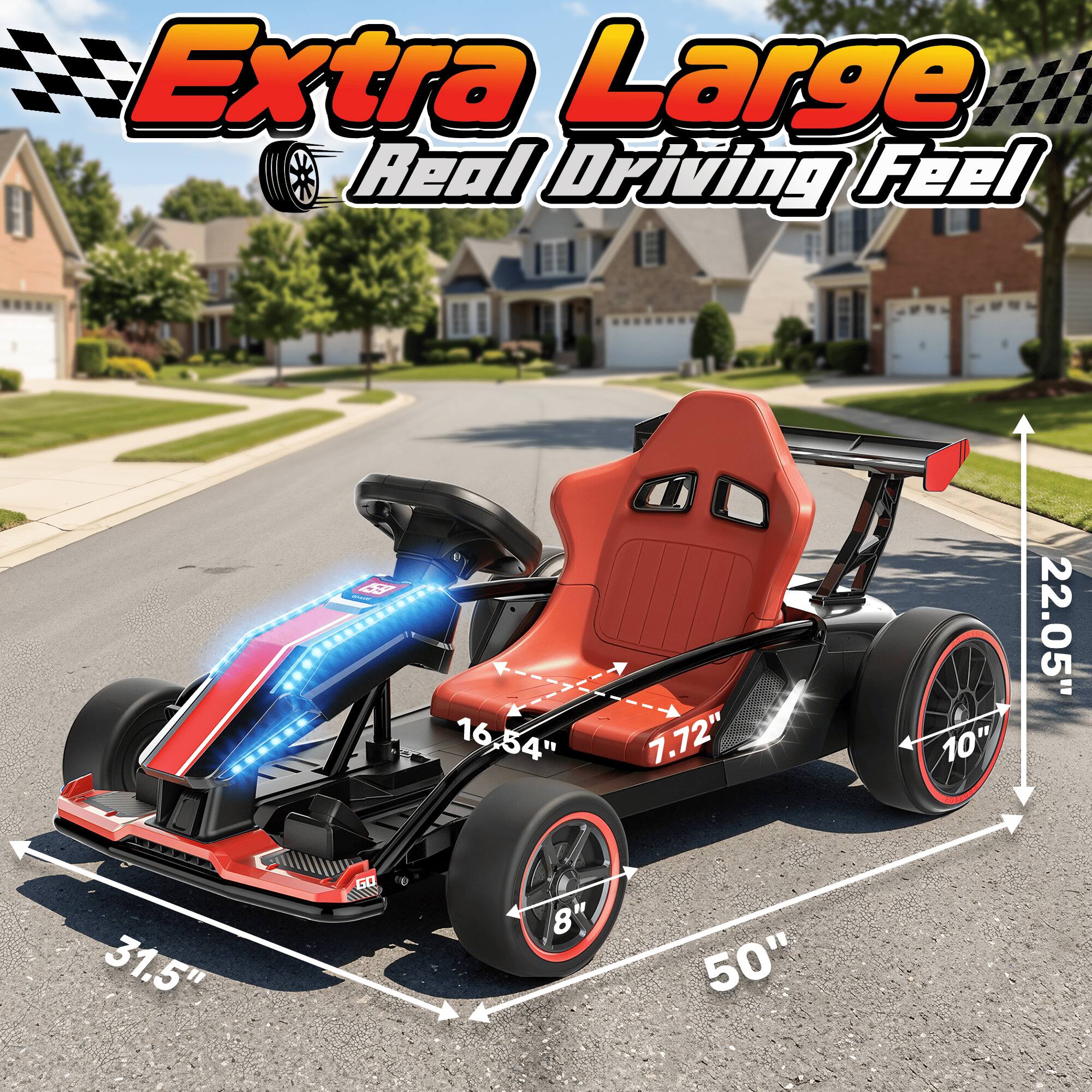 Extra Large Real Driving Feel

- 159
- 16.54"
- 7.72"
- 10"
- 22.05"
- 31.5"
- GO
- 8"
- 50"