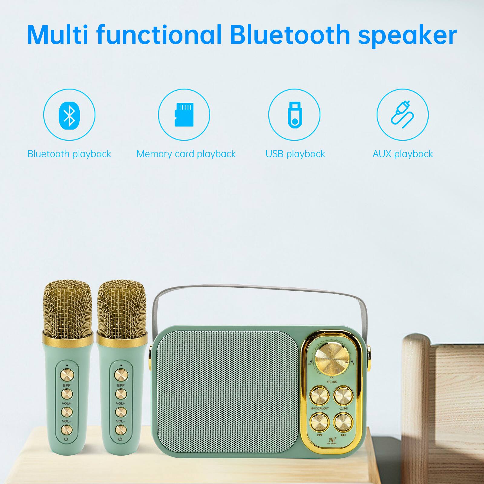 Multi functional Bluetooth speaker

Bluetooth playback
Memory card playback
USB playback
AUX playback