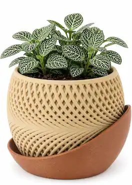JuzToys - 3D Printed Drift Planter with Drip Tray, Small Indoor Plant Pot w/Saucer, Modern Boho Desk Shelf Decor Gift by PowerTRC - Beige|Brown
