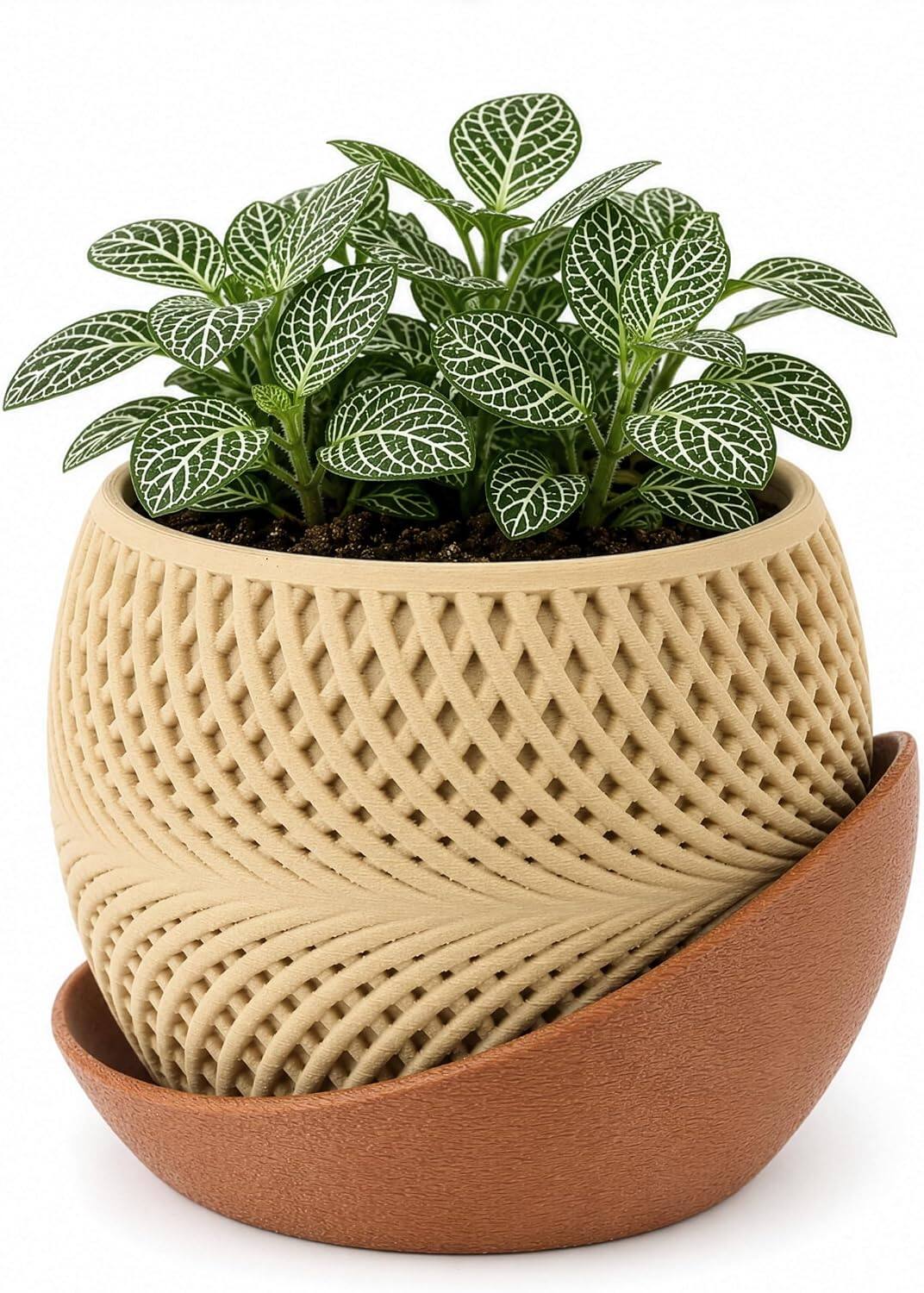 Front. JuzToys - 3D Printed Drift Planter with Drip Tray, Small Indoor Plant Pot w/Saucer, Modern Boho Desk Shelf Decor Gift by PowerTRC - Beige|Brown.
