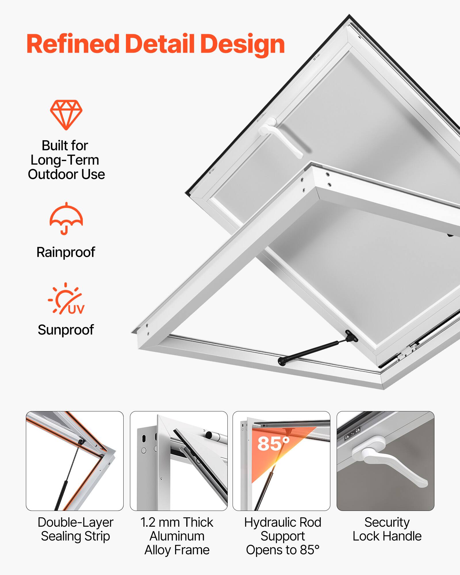 Refined Detail Design  
Built for Long-Term Outdoor Use  
Rainproof  
UV Sunproof  
85° Double-Layer  
1.2 mm Thick Sealing Strip  
Aluminum Alloy Frame  
Hydraulic Rod Support Opens to 85°  
Security Lock Handle
