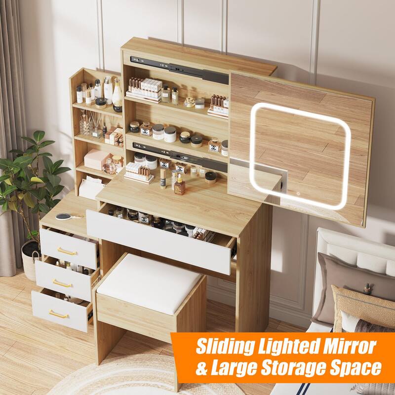 Sliding Lighted Mirror & Large Storage Space