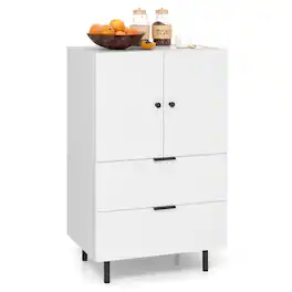 Gymax - 2-Door Serving Cupboard w/ Drawers & Storage Cabinet Metal Legs for Living Room - White