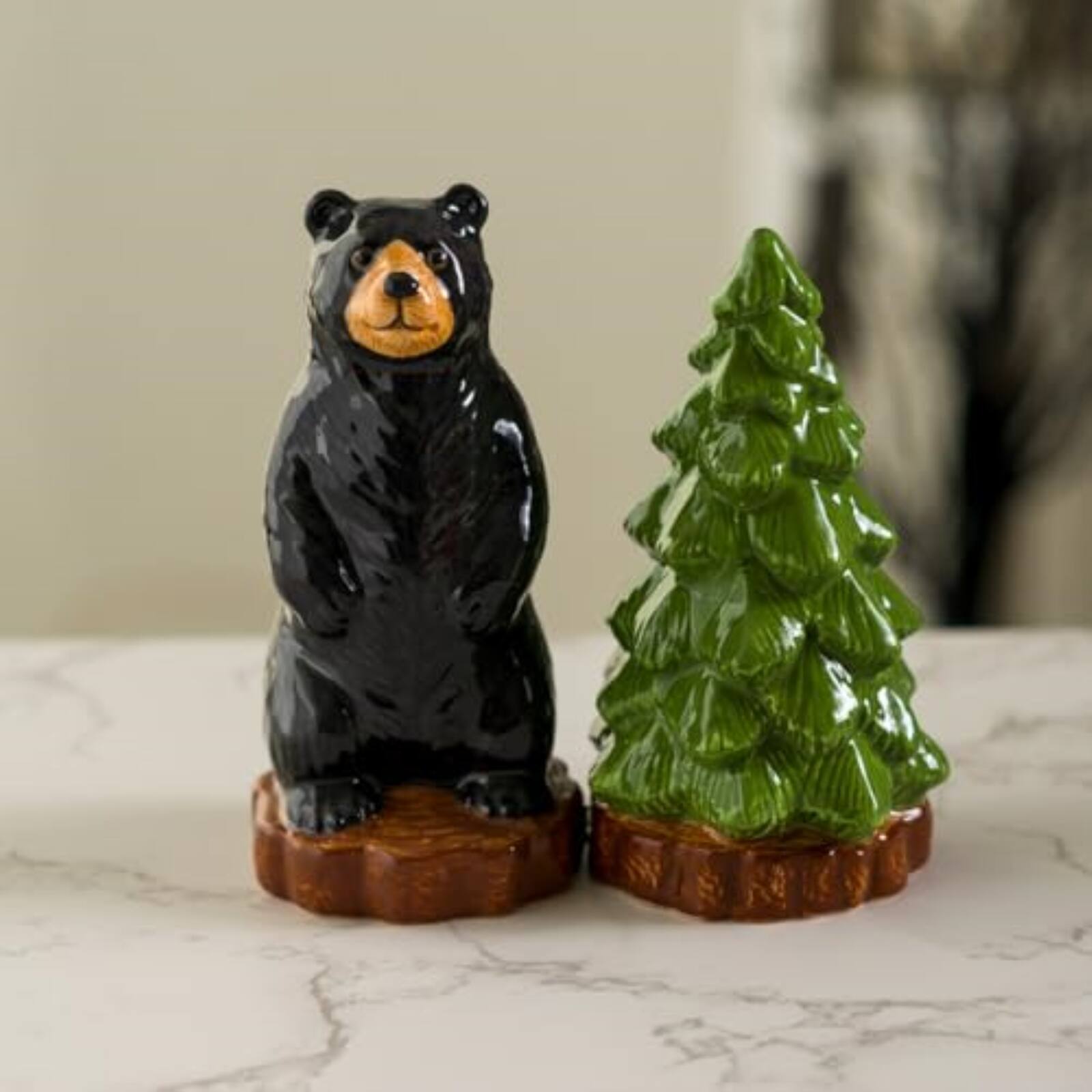 Left. Pacific Trading - Forest Retreat Black Bear and Tree Ceramic Magnetic Salt and Pepper Shaker Set - Multicolor.