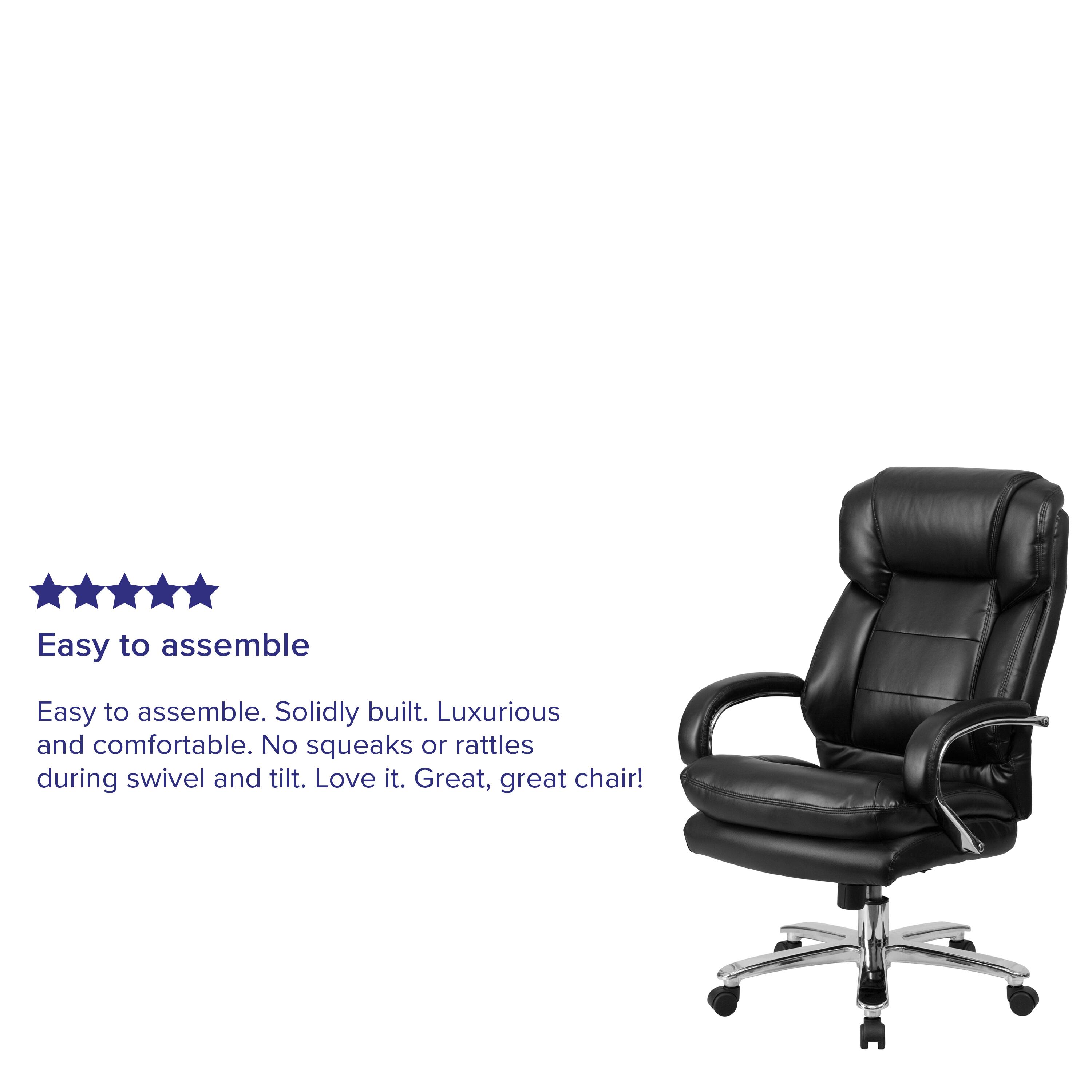 Easy to assemble. Solidly built. Luxurious and comfortable. No squeaks or rattles during swivel and tilt. Love it. Great, great chair!