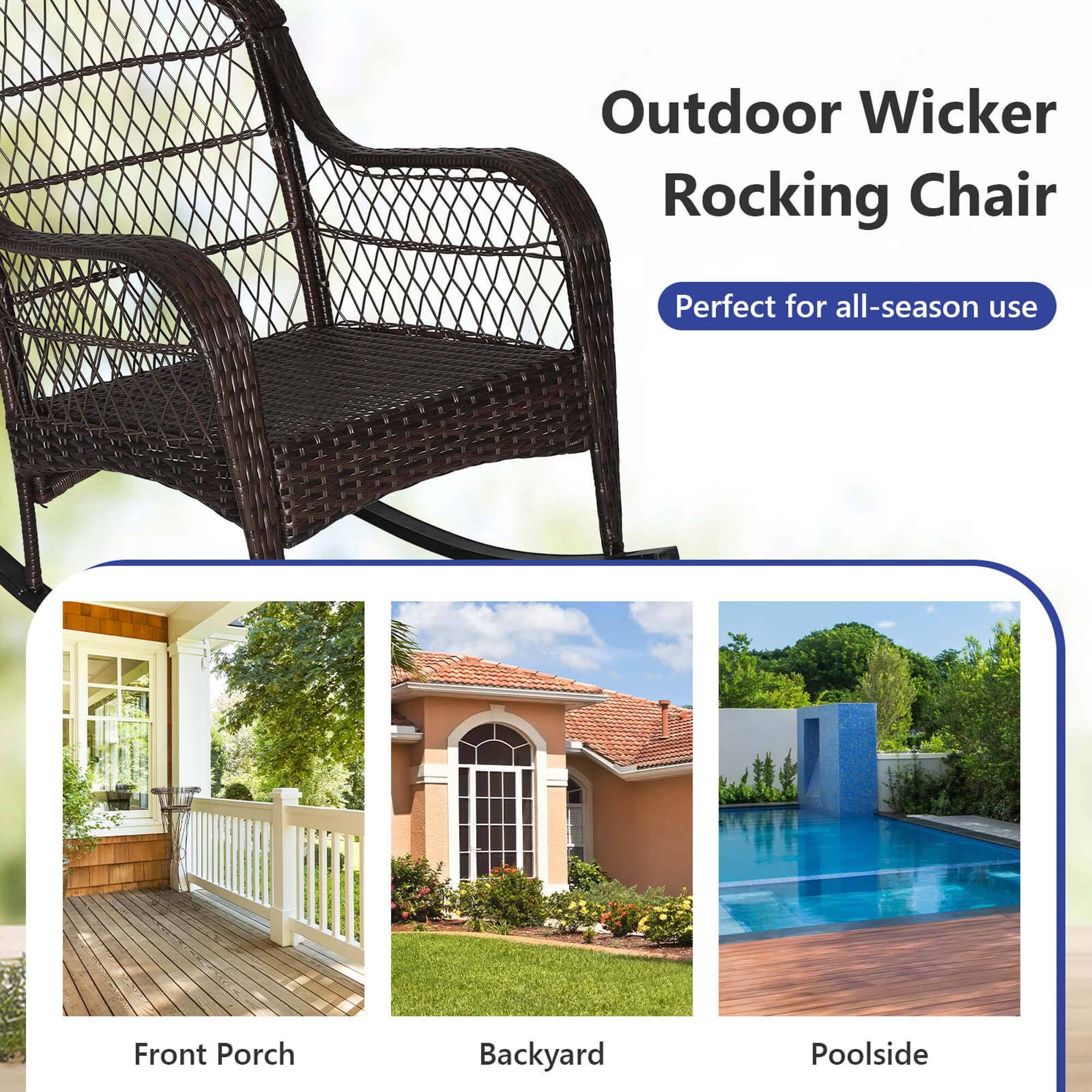 Outdoor Wicker Rocking Chair  
Perfect for all-season use  
Front Porch  
Backyard  
Poolside