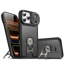 Dteck - Rugged Case for Apple iPhone 17 Pro Max with Slide Camera Cover & Adjustable Holder,Soft TPU+Hard PC Dual-Layer Cover - Black