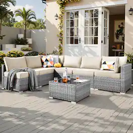 Ovios - 7 PCS Patio Furniture Outdoor Sofa Sets with Wicker, Cushions and Coffee Table for Garden, Backyard and Balcony - Beige