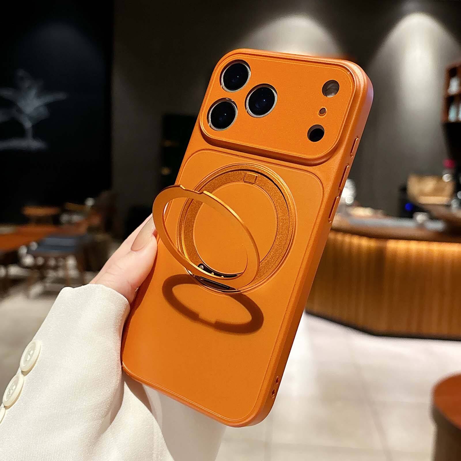 Alt View 4. Dteck - for Apple iPhone 17 Pro Magnetic Kickstand Case,Shockproof PC TPU Wireless Charging Cover with Metal Ring Holder - Orange.