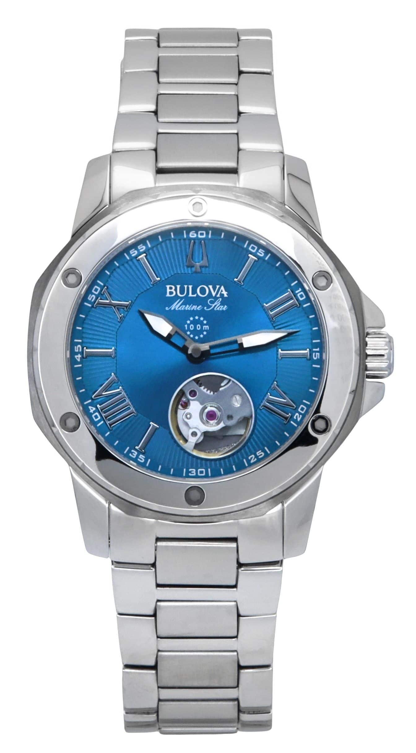 Bulova - Marine Star Stainless Steel Open Heart Blue Dial Automatic 24 Jewels 98L317 100M Ladies Watch - Silver, Blue