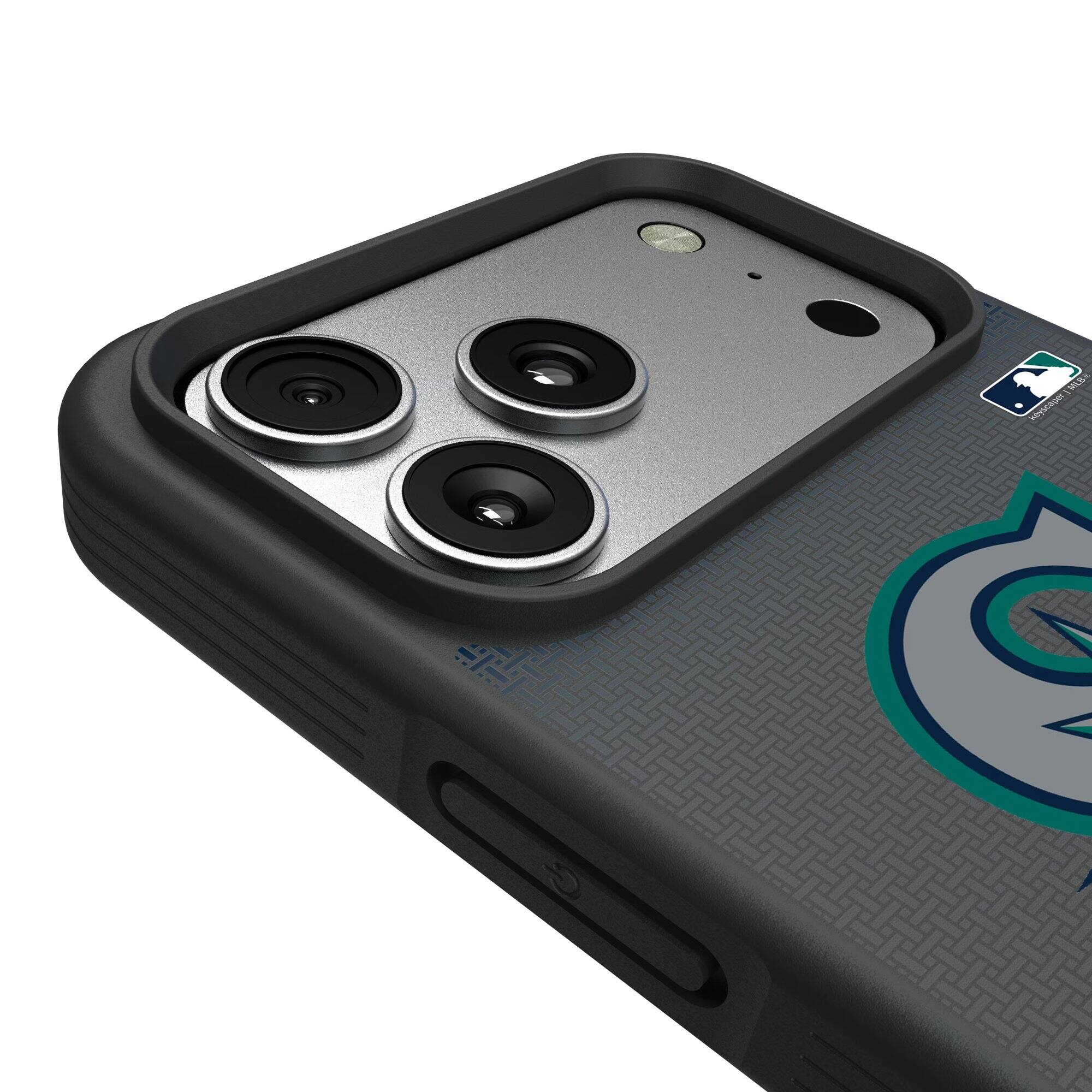 Alt View 2. Keyscaper - Seattle Mariners Linen Logo iPhone Bump Case - 15 Pro - Black.