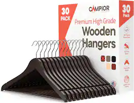 Campior - Wooden Hangers – 30-Pack, 360° Swivel Hook, Non-Slip, Pants Bar, Grooves, Space-Saving & Smooth Finish - Brown