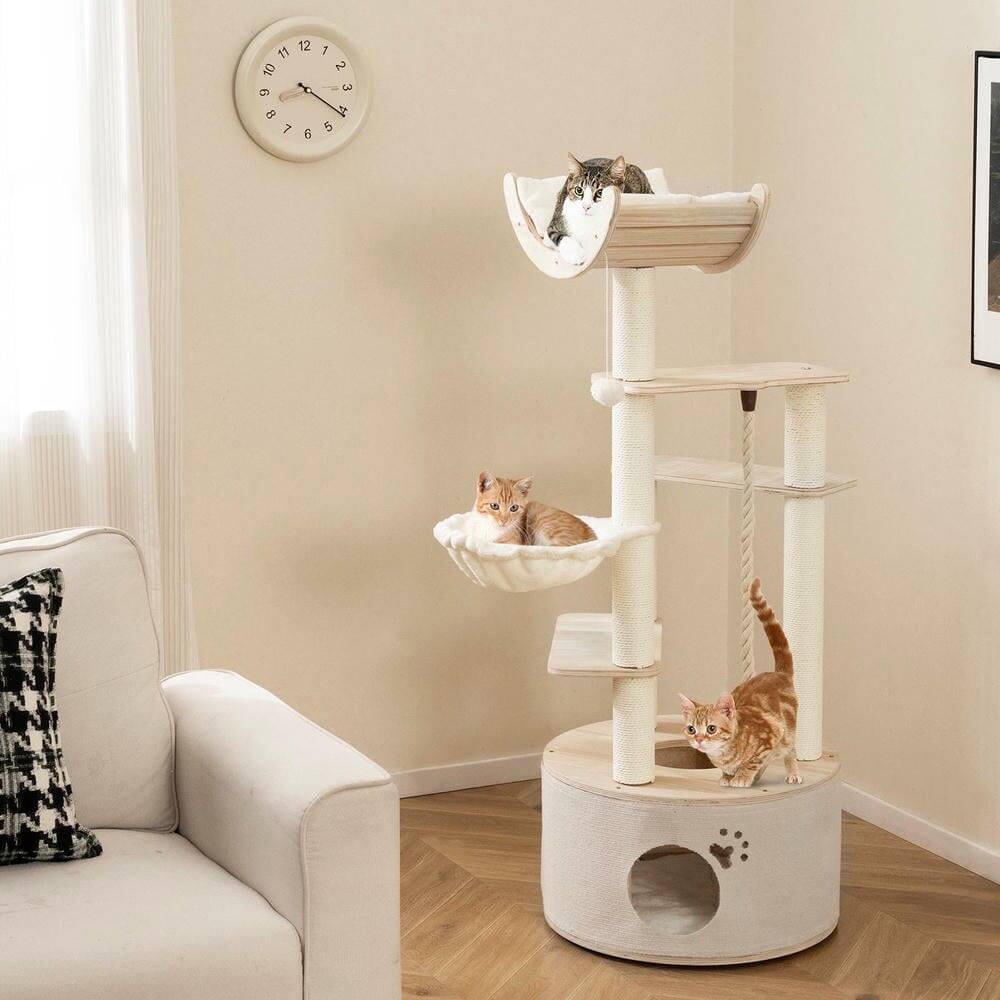 Alt View 4. Kadyn - 55.5-Inch Tall Indoor Cat Tree with Washable Plush Cushions for Cats - Brown.