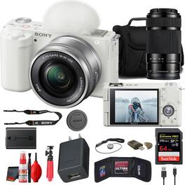 Sony - ZV-E10 Mirrorless Camera with 16-50mm Lens White Bundle + 64GB Card + Tripod + 55-210mm Telephoto Lens