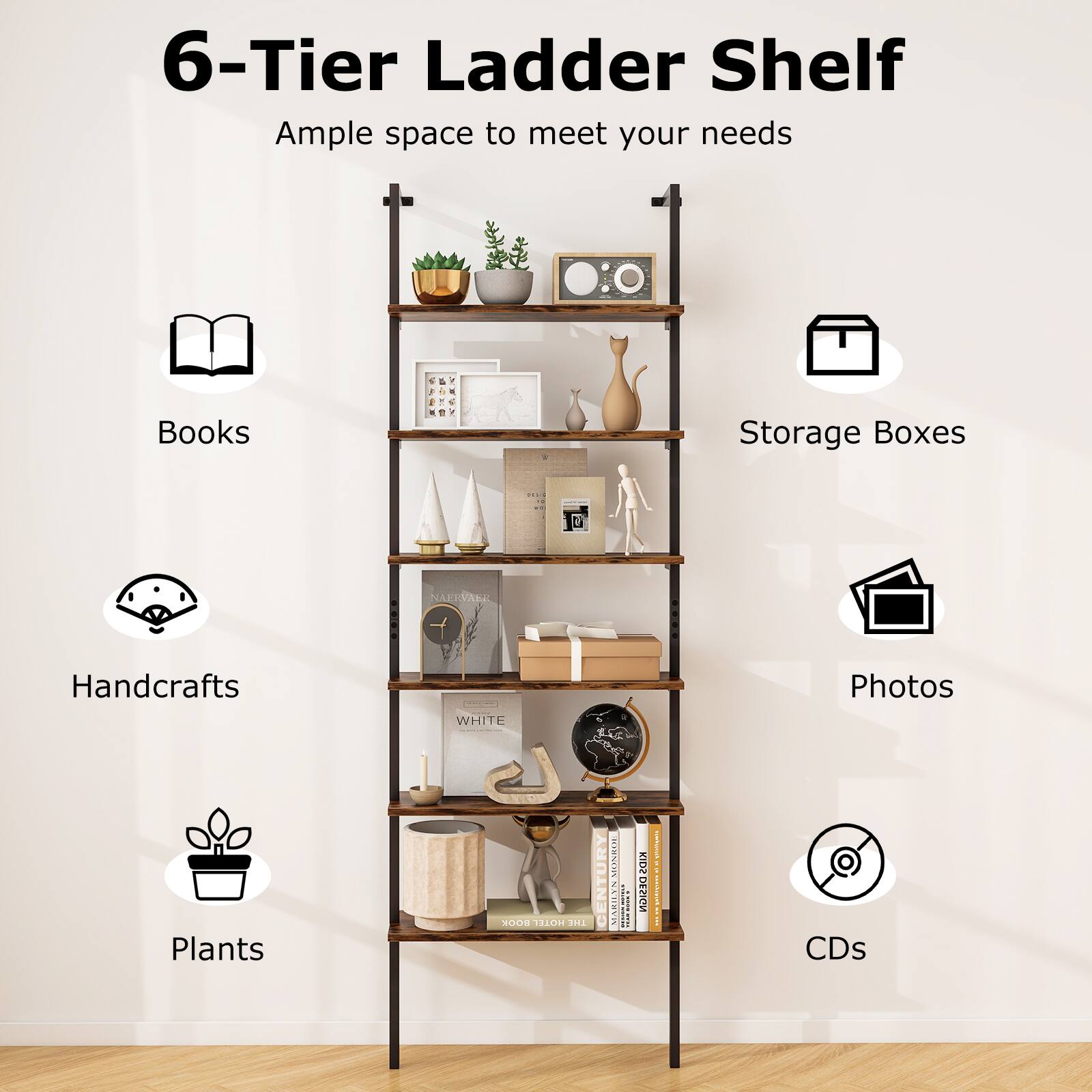 6-Tier Ladder Shelf, Ample space to meet your needs, Books, Storage Boxes, Handcrafts, Photos, Plants, CDs