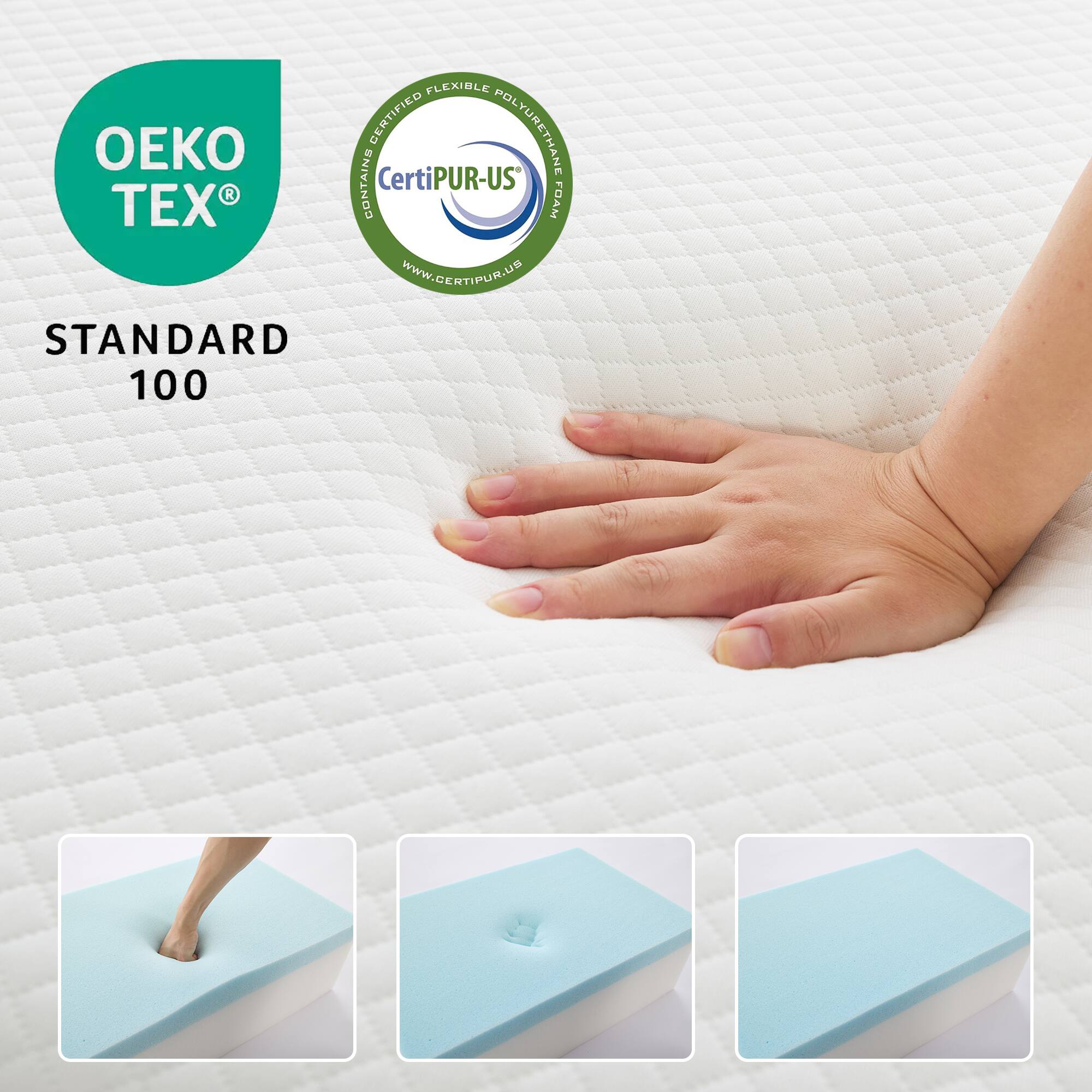 OEKO TEX®  
STANDARD 100  

CONTAINS CERTIFIED FLEXIBLE POLYURETHANE  
CertiPUR-US®  
MADE IN USA  
WWW.CERTIPUR.US