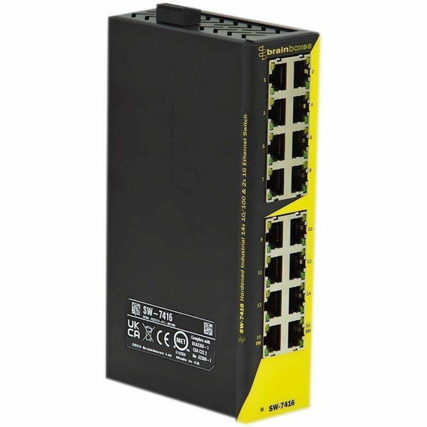 Sure, here is the corrected and grouped text from the image:

---

**brainboxes**

**SW-7416**

**Industrial Hardened 10/100 & 1G Ethernet Switch**

**14x Industrial Hardened**

**SW-7416**

**UK CA CE Comples MET 2 B23~1 ESA AN ENOSN -22 l 5ot-1 Ca**

**Switch Ethernet 1G 2x & 10/100 14x Industrial Hardened**

**SW-7416**

**0 3 5 1 9 S1 13 15 I 5 10 12 14**

**SW-7416**

---

This text includes the product name, model number, specifications, and certifications.