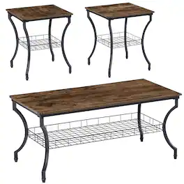 Vecelo - 3-Piece Coffee Table Set with Storage Shelf, Industrial Living Room Tables, Durable MDF & Metal Frame - Brown