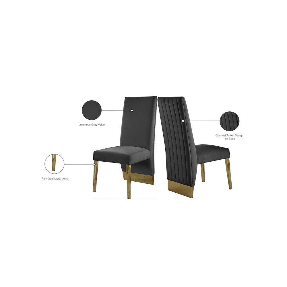 Luxurious Grey Velvet  
Channel Tufted Design on Back  
Rich Gold Metal Legs