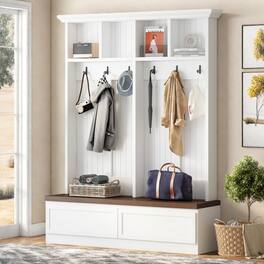 GOODSILO - 4-in-1 Farmhouse Entryway Hall Tree with Bench, Storage Drawers, and Coat Hooks for Organized Mudroom Space - White+Walnut