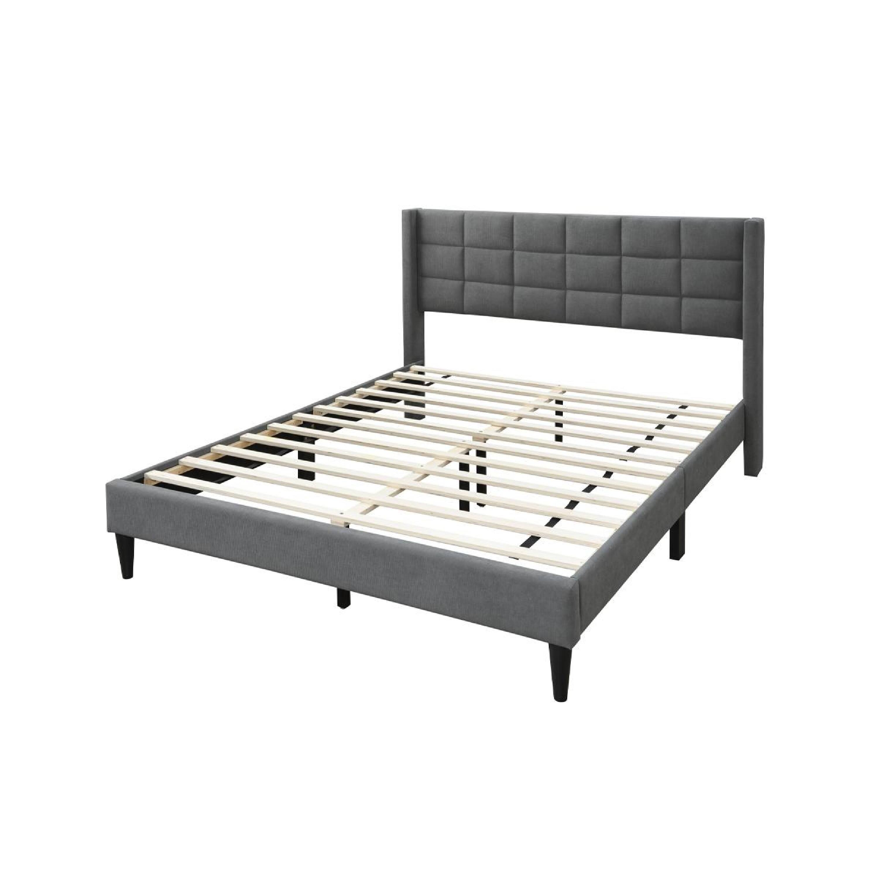 Alt View 1. Manhattan Lane - Meno Queen Size Bed, Square Stitched Slate Gray Linen Upholstery - Gray, Black.