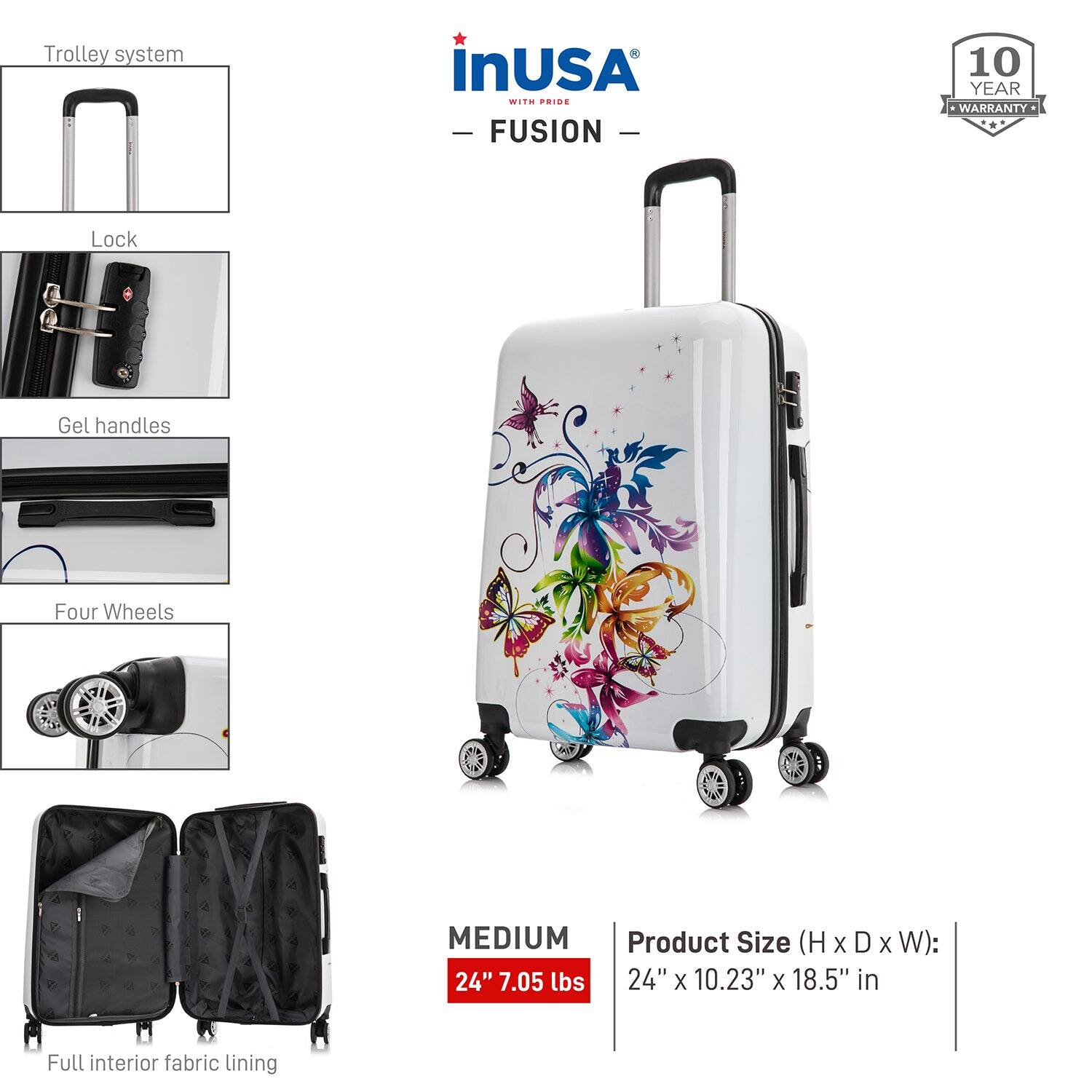 - Trolley system
- Lock
- Gel handles
- Four Wheels
- Full interior fabric lining

**inUSA**  
WITH PRIDE  
— FUSION —

**MEDIUM**  
24" 7.05 lbs

**Product Size (H x D x W):**  
24" x 10.23" x 18.5" in

10 YEAR WARRANTY