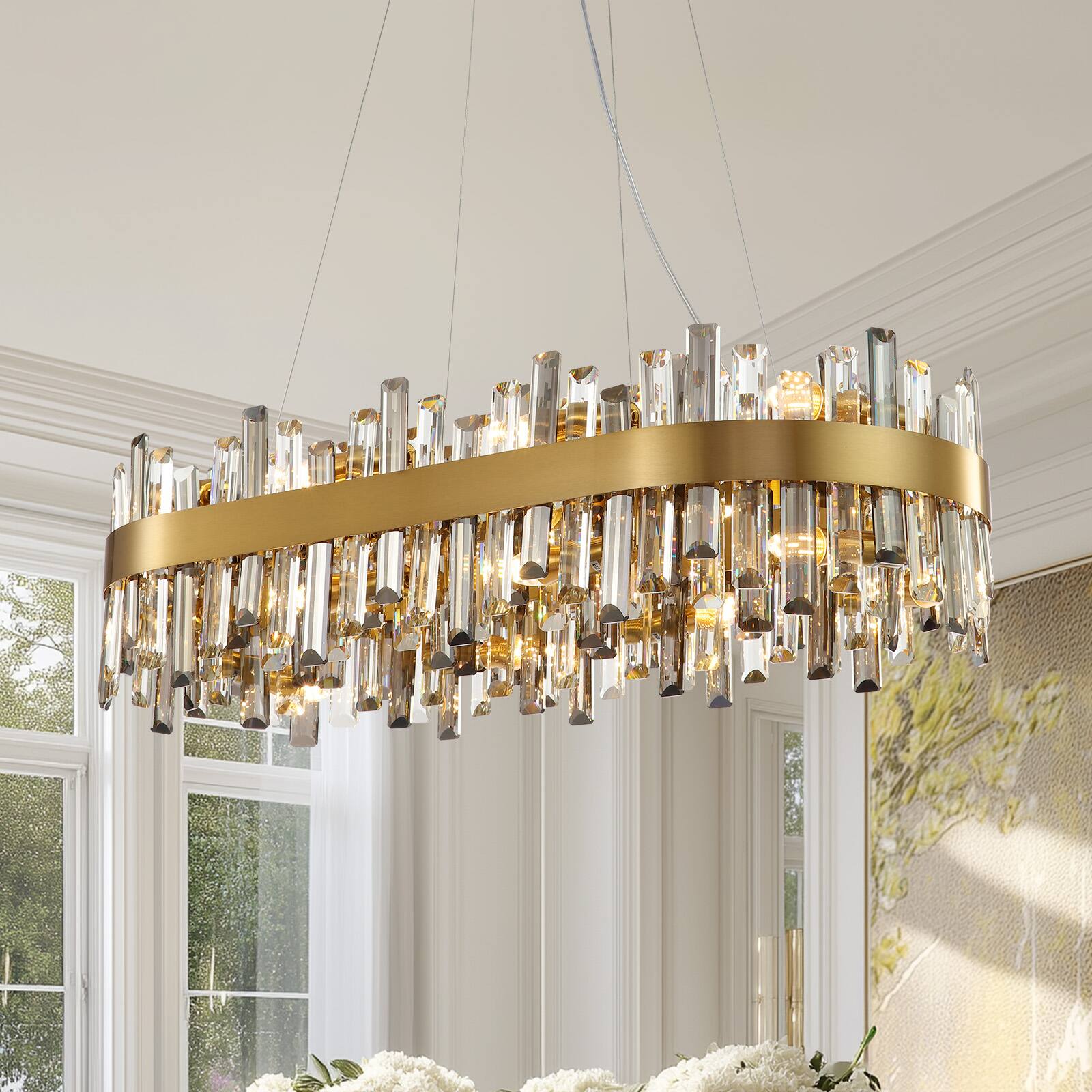 Angle. Siljoy - 35.5in 16-Light Gold Smoke Oval K9 Crystal Empire Chandelier Dimmable Hardwired Linear Pendant Light for  Foyer Bedroom - Gold.