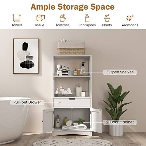 Ample Storage Space, Towels, Tissue, Toiletries, Shampoos, Plants, Aromatics, 3 Open Shelves, Pull-out Drawer, 2-Door Cabinet