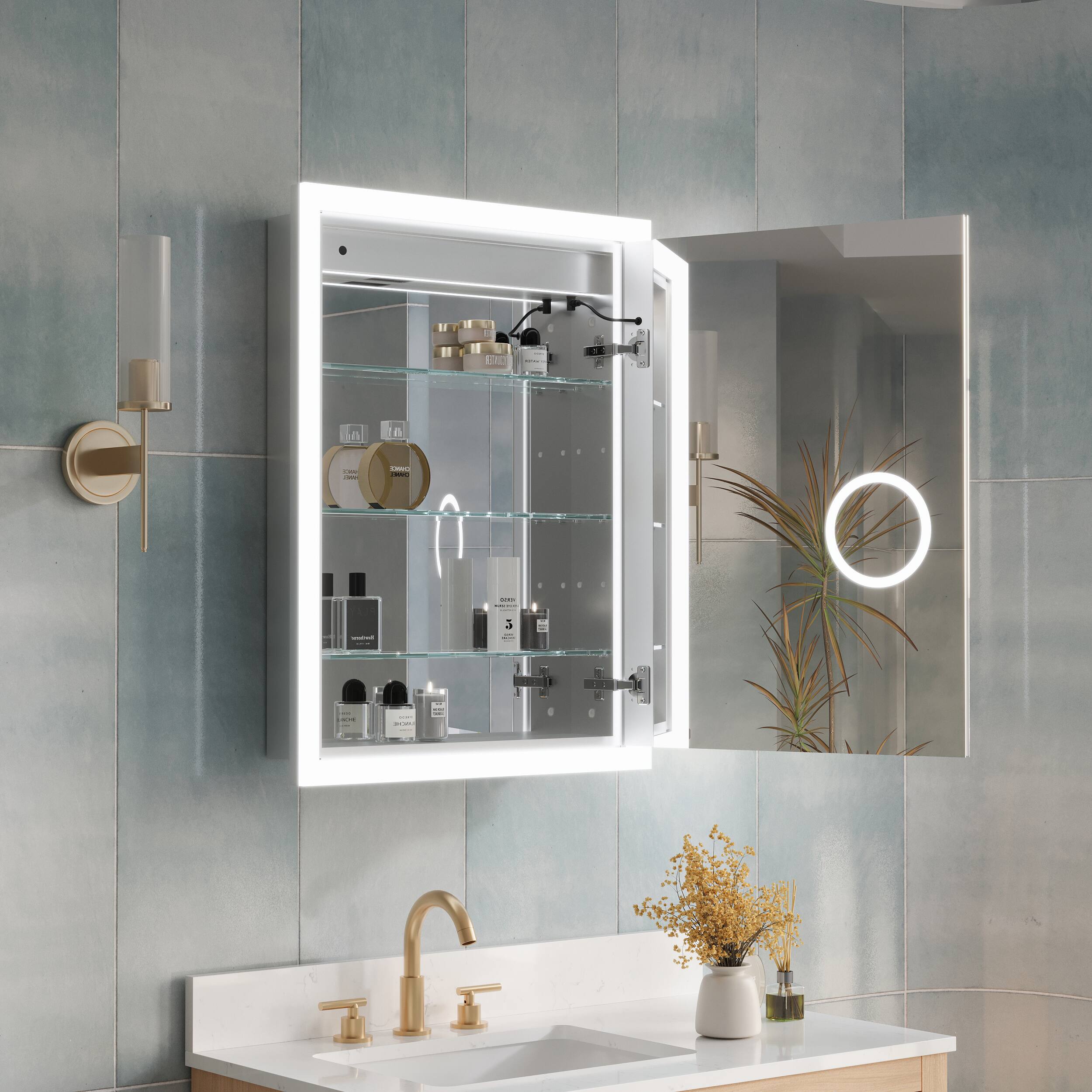 Left. WELLFOR - 24 in. W x 32 in. H Rectangular Surface or Recessed Mount Aluminum Medicine Cabinet with Mirror -Right Open - Silver.