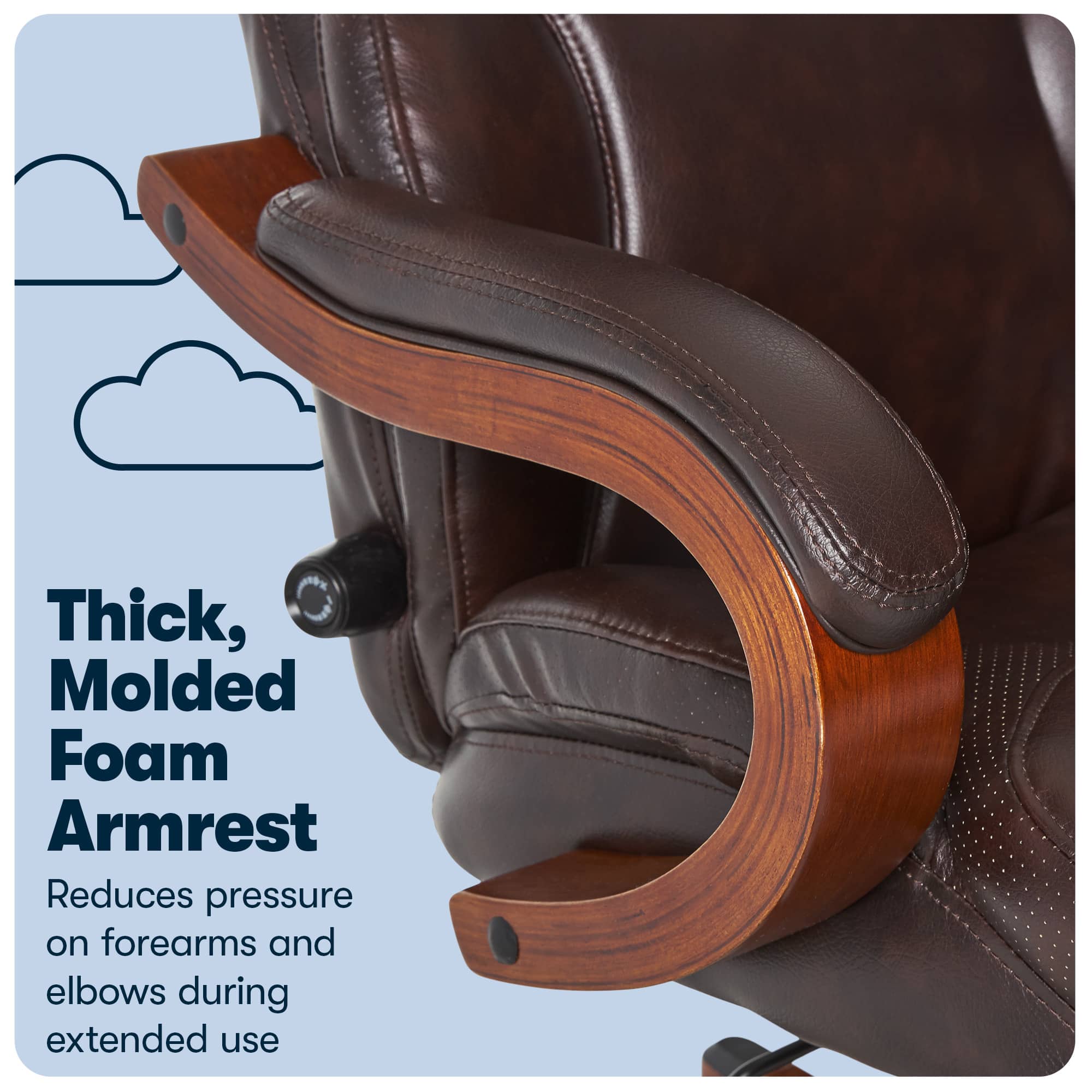 The image features a brown leather office chair with a thick, molded foam armrest. This armrest is designed to reduce pressure on forearms and elbows during extended use, providing comfort and support for the user. The chair appears to be well-made and comfortable, making it an ideal choice for those who spend long hours working at a desk.