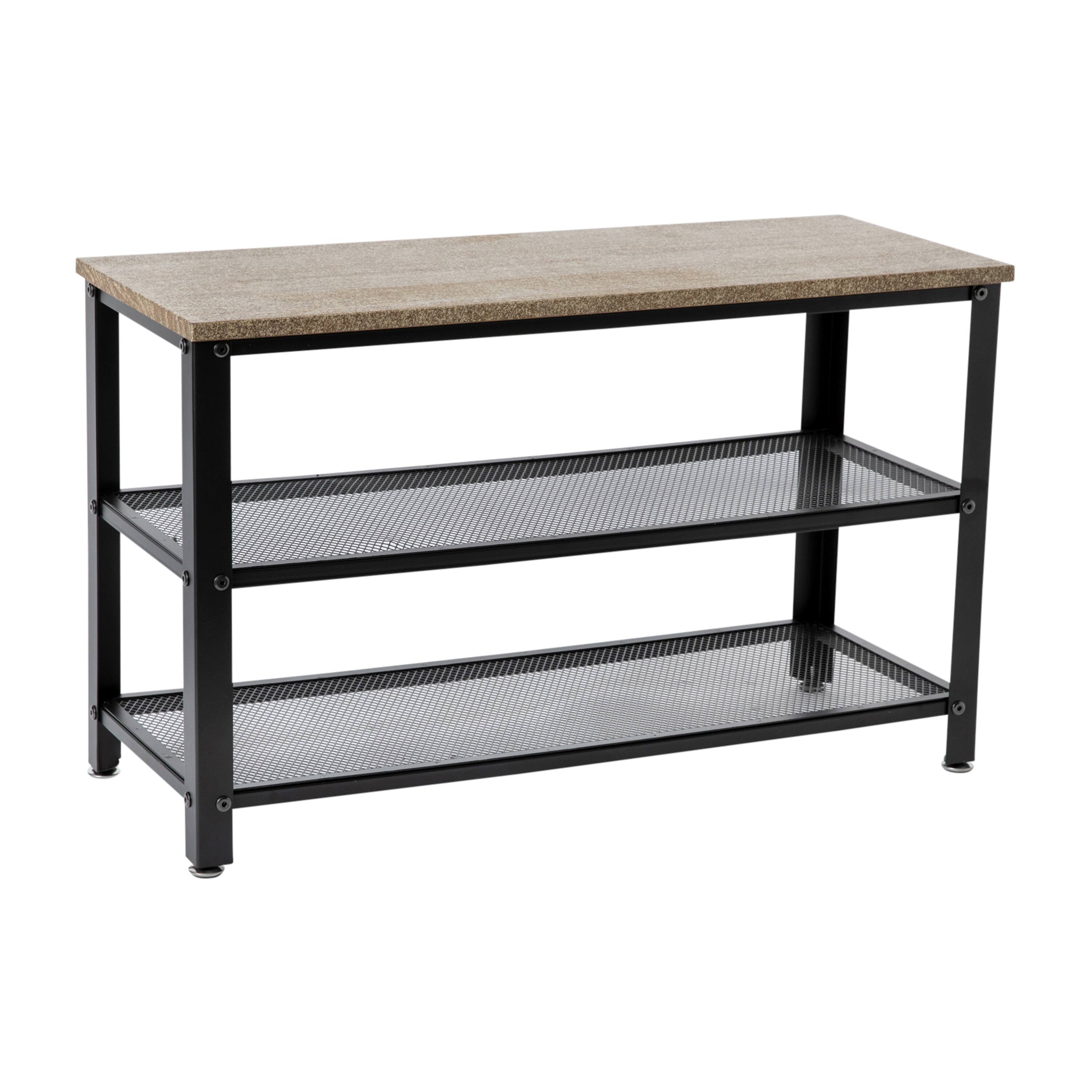Alt View 1. Emma + Oliver - Isla 3-Tier Storage Bench with Metal Mesh Shelves for Entryway, Mudroom, or Bedroom - Weathered Brown.