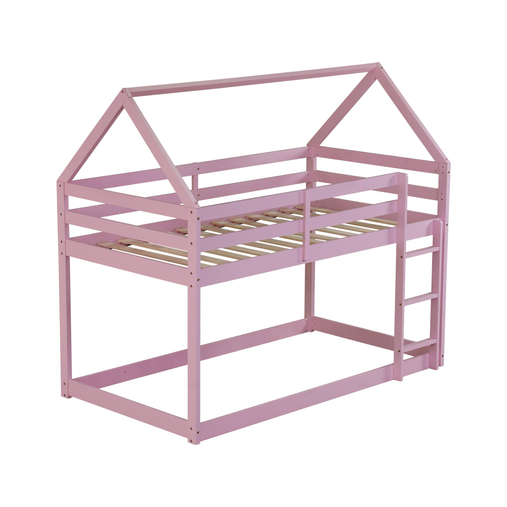 Alt View 5. GOODSILO - House-Shaped Twin Over Twin Rubber Wood Bunk Bed with Ladder and Guardrails for Kids - Pink.
