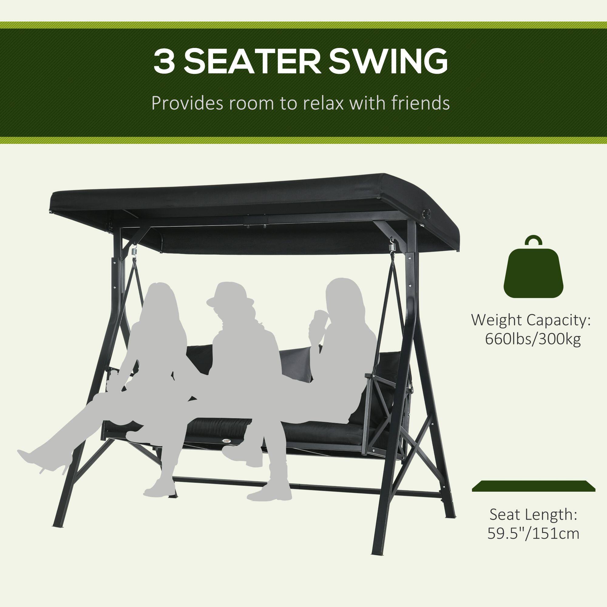3 SEATER SWING  
Provides room to relax with friends  

Weight Capacity: 660lbs/300kg  
Seat Length: 59.5"/151cm