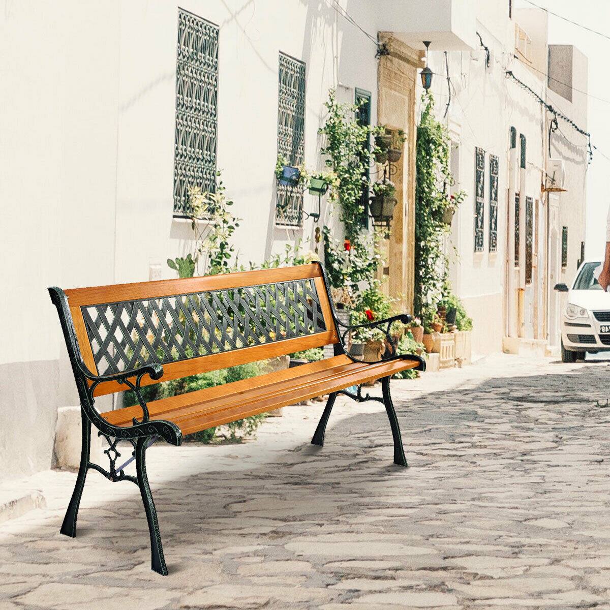 Alt View 3. Costway - Costway Patio Park Garden Bench Porch Path Chair Outdoor Deck Cast Iron Hardwood - Yellow.