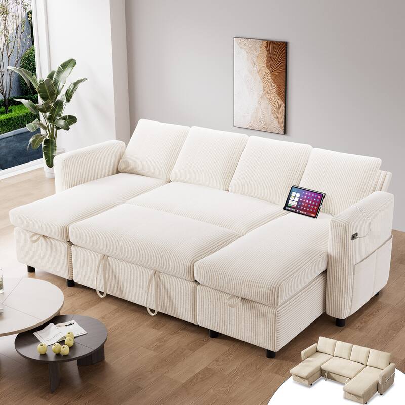 Angle. Dyonery - Dyonery 81" L Shaped Pull Out Couches for Living Room with Storage Chaise, USB Port&Cupholder - Beige.