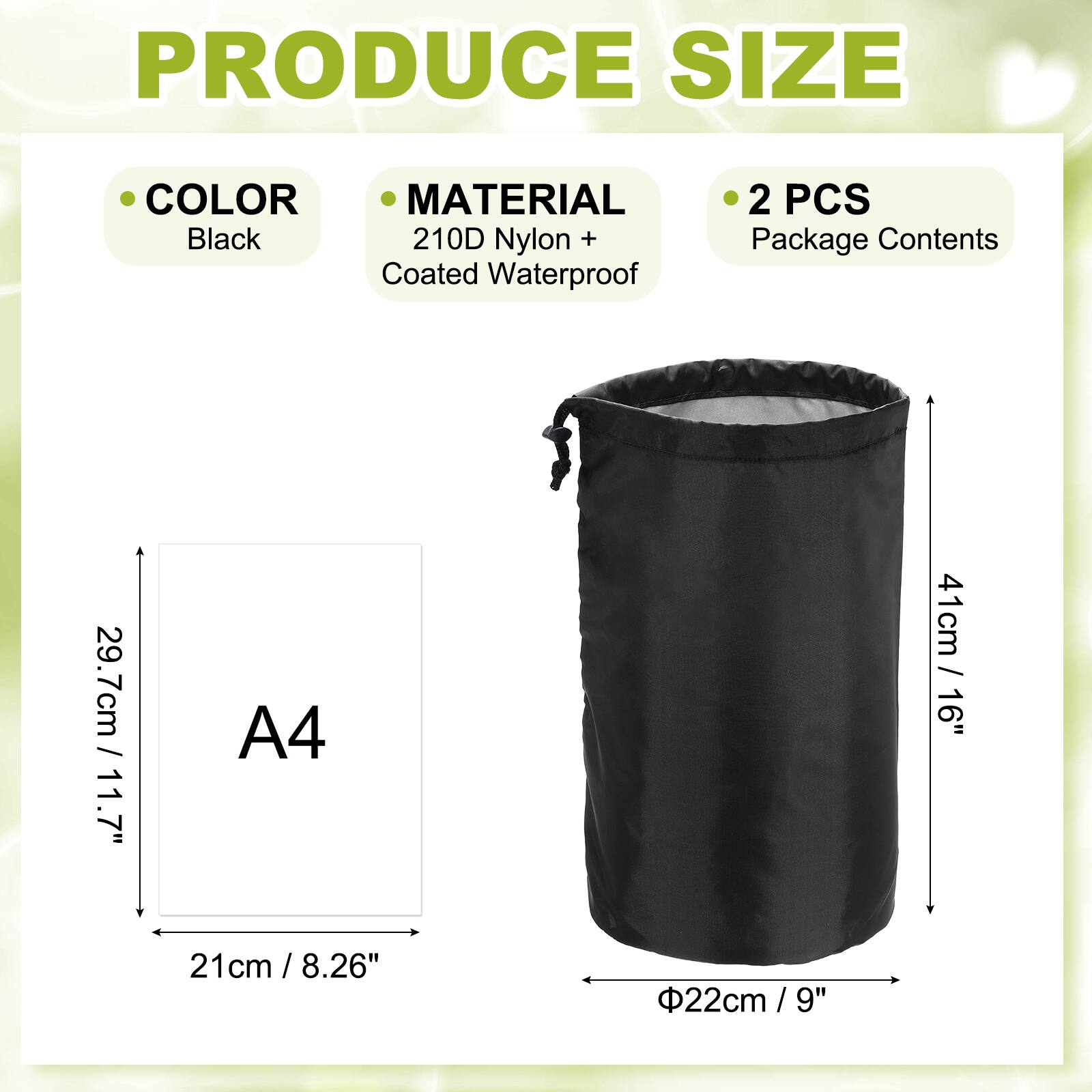 - **Color:** Black
- **Material:** 210D Nylon + Coated Waterproof
- **Package Contents:** 2 PCS
- **Size:**
  - 29.7cm / 11.7"
  - 21cm / 8.26"
  - 41cm / 16"
  - Ø22cm / 9"