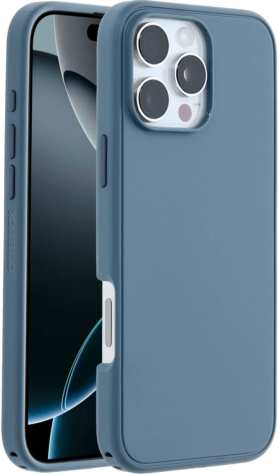 The image shows a cell phone in a case. The case is grey and has a clear window on the back, allowing the camera to be visible. The phone is held in a vertical position, and the case appears to be an Otterbox.