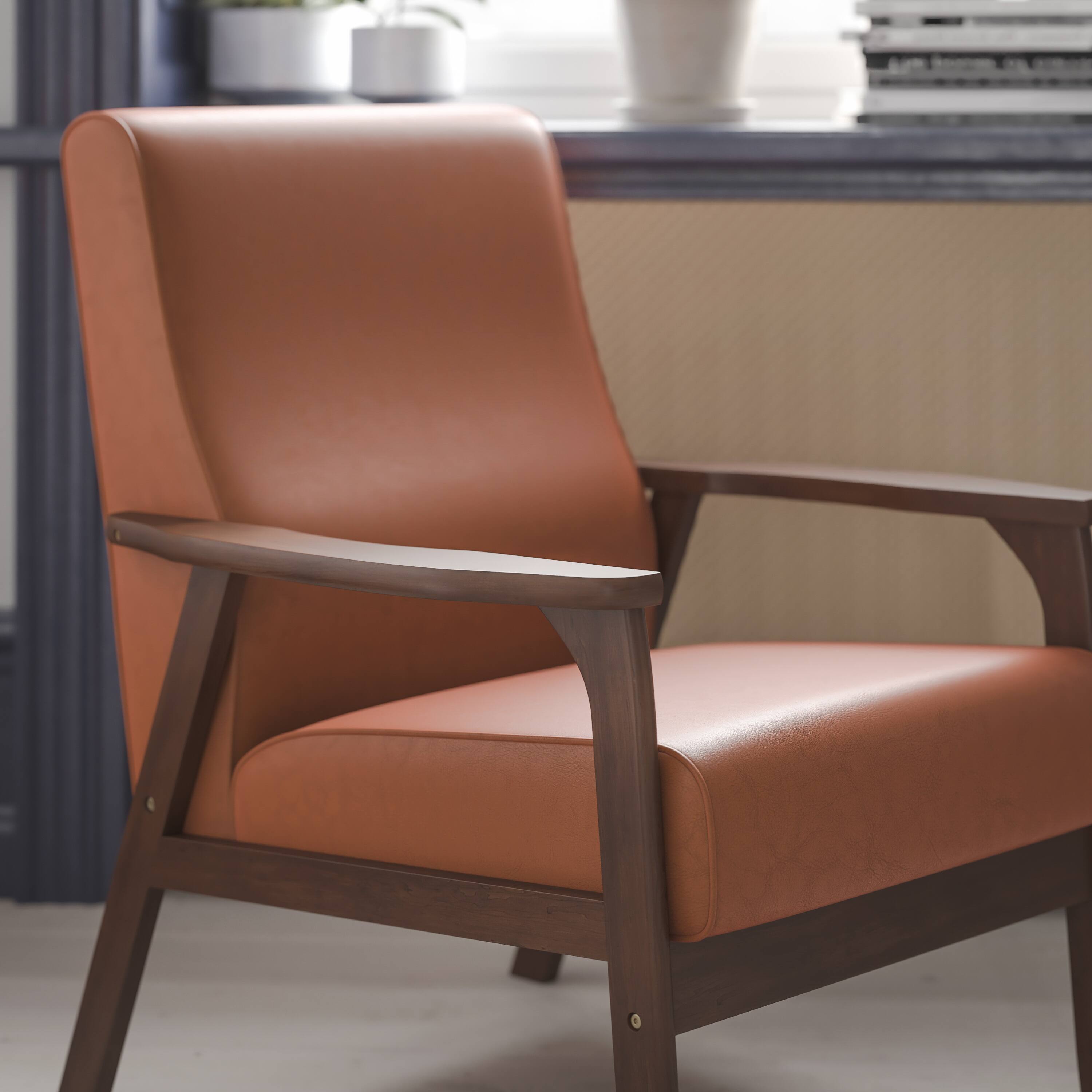 Alt View 3. Emma + Oliver - Langmore Upholstered Mid-Century Modern Arm Chair with Wood Frame - Cognac Faux Leather.