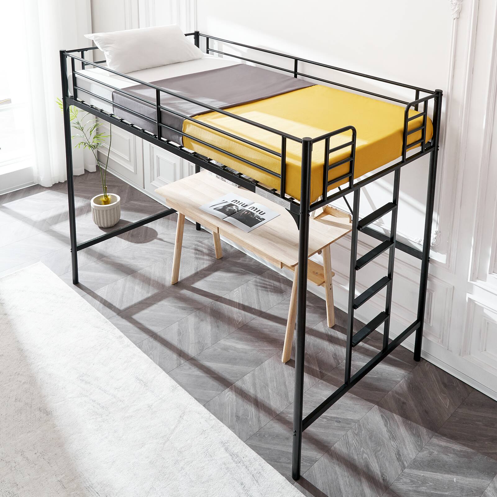 Alt View 3. Winado - Loft Bed Twin Size with Flat Ladder High Guardrail Rung Heavy Duty Metal Bed Frame Support for Adults Kids Young Teens - Black.