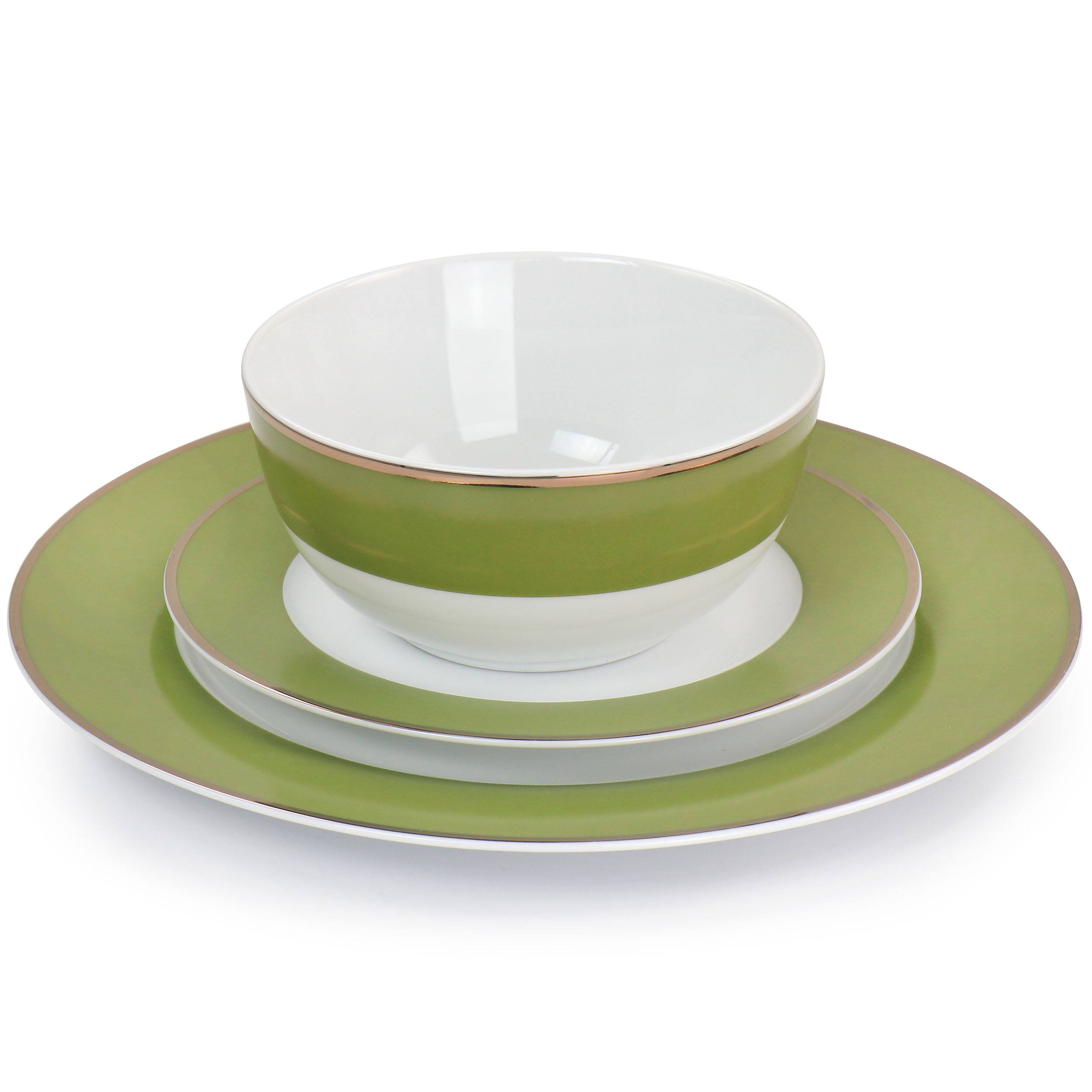 Alt View 2. Martha Stewart - Martha Stewart Gold Rimmed 12 Piece Fine Ceramic Dinnerware Set in Green - Green.