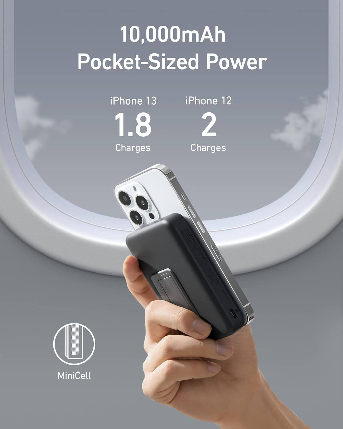 10,000mAh Pocket-Sized Power

iPhone 13  
1.8 Charges

iPhone 12  
2 Charges

MiniCell