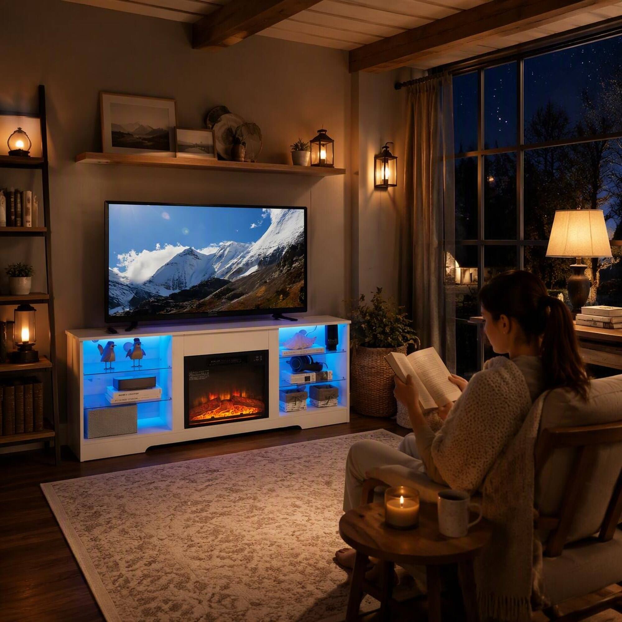 Angle. RYHNUYNE - White 58-Inch Electric Fireplace TV Stand with Adjustable Glass Shelves, 3D LED Flame, Bluetooth App & Remote - White.