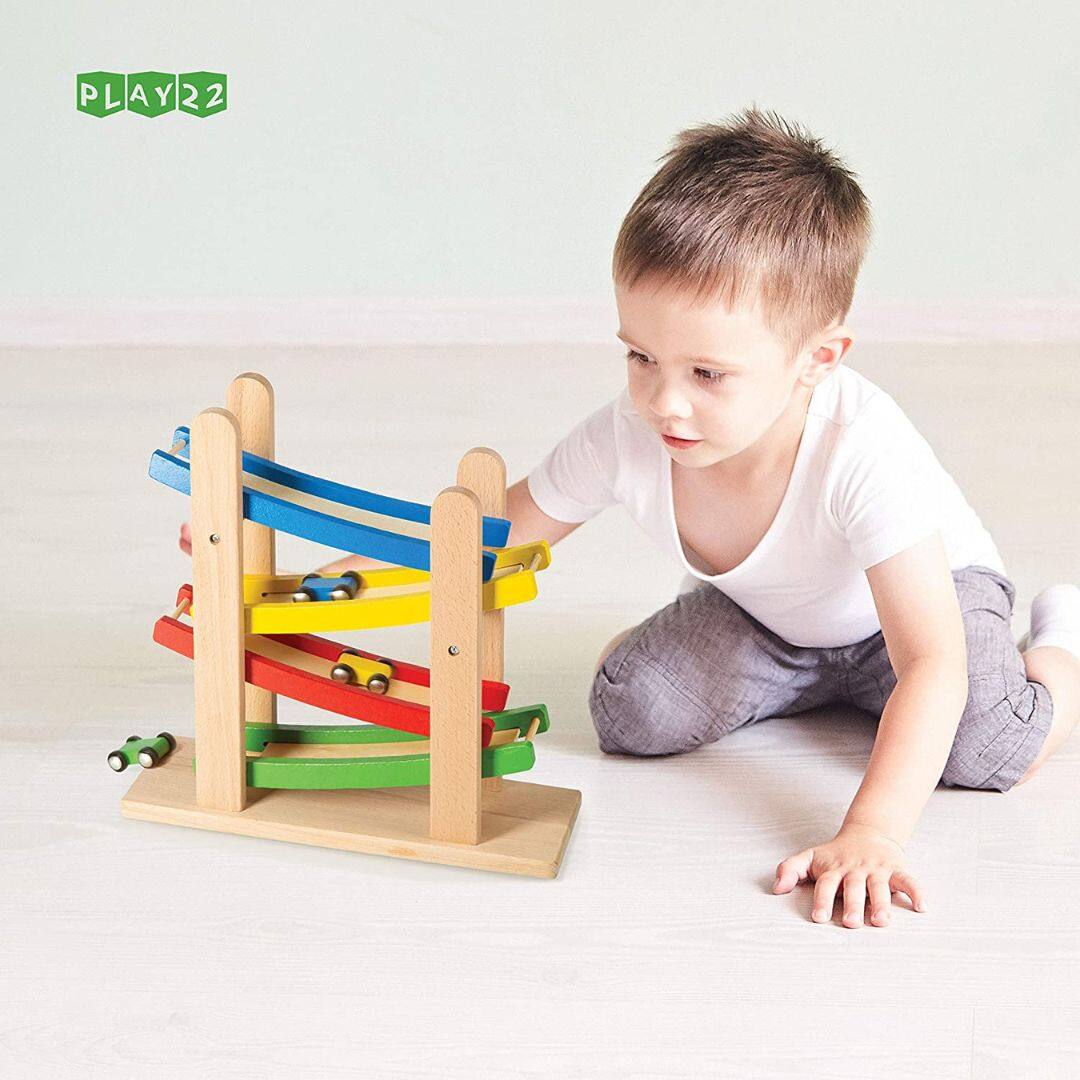 Alt View 2. Play22 - 4 Level Toy Wooden Car Roller Ramp - Wooden Race Track Car Ramp Racer With 4 Wooden Cars - Toddler Race Car Ramp.