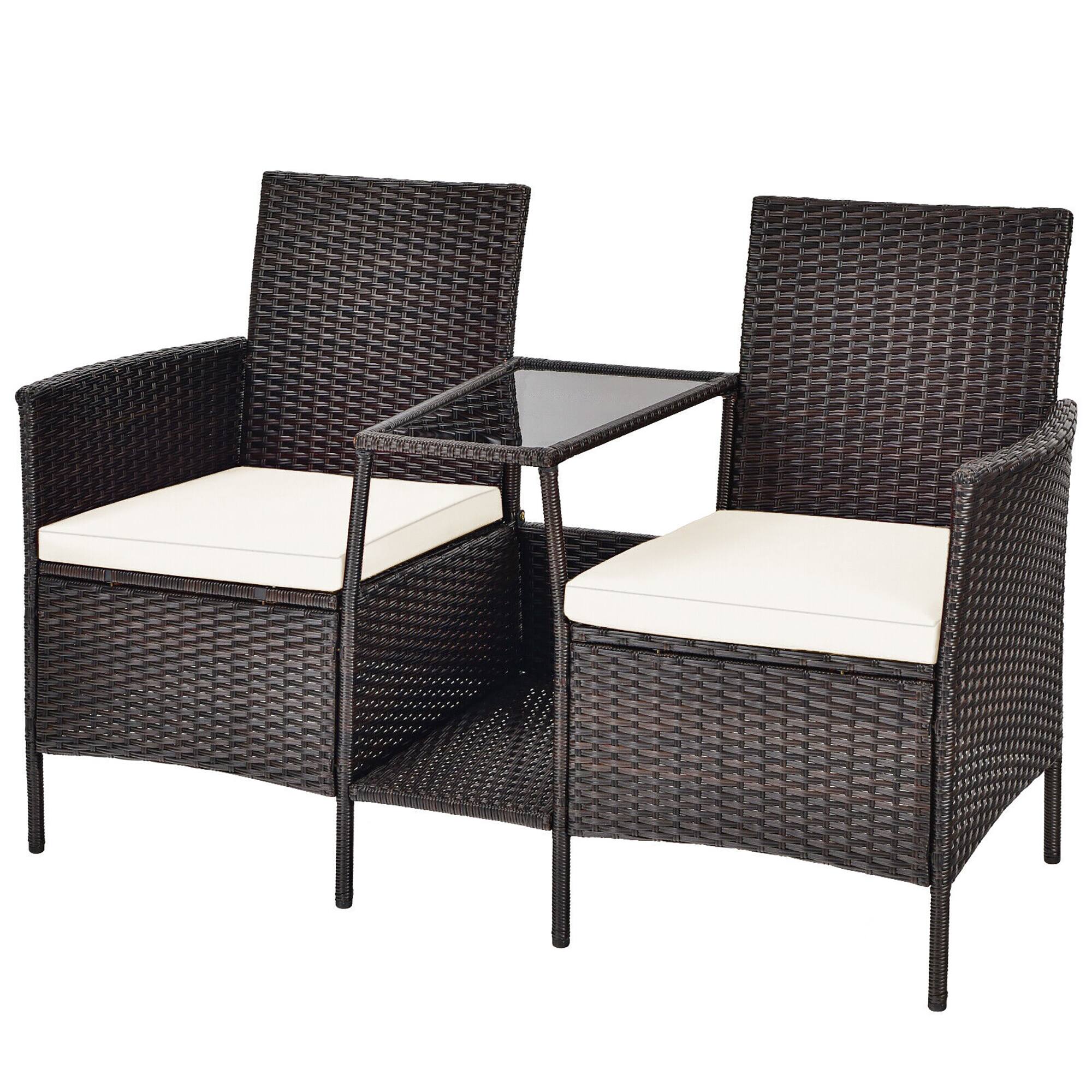 Alt View 1. Gymax - Gymax Patio Rattan Conversation Furniture Set w/ Loveseat Glass Coffee Table & Cushions Off White - Off White.