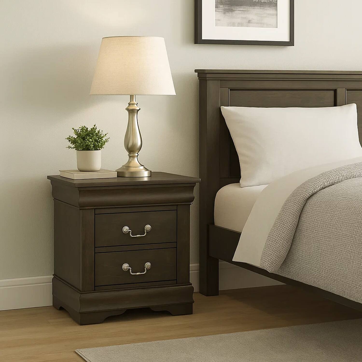 Alt View 7. Manhattan Lane - Traditional Style Wooden Nightstand with Two Drawers and Metal Handles - Gray.