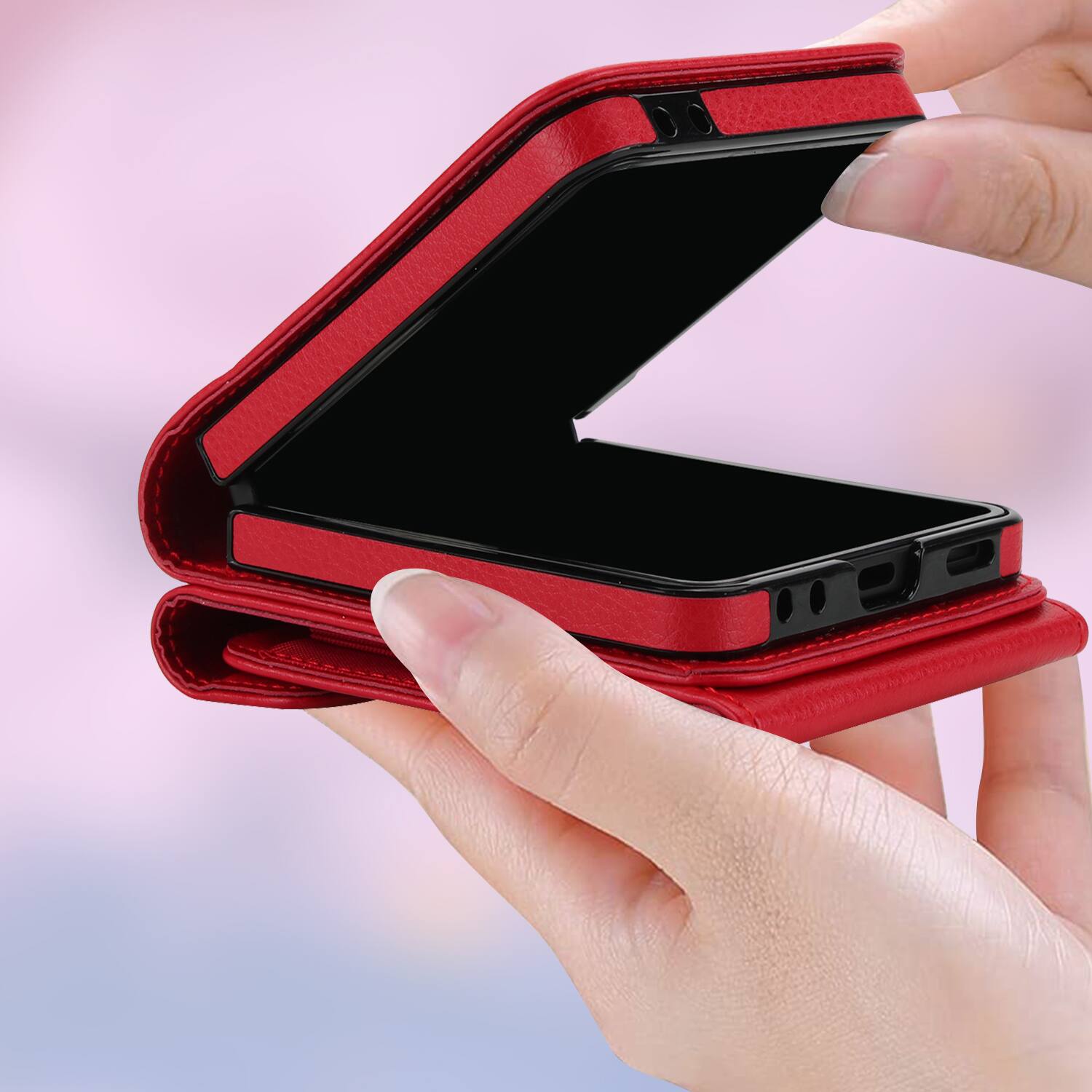 Alt View 4. Dteck - Wallet Case for Samsung Galaxy Z Flip7, Crossbody Ring Stand Faux Leather Cover with RFID Blocking Card Holder+Strap - Red.