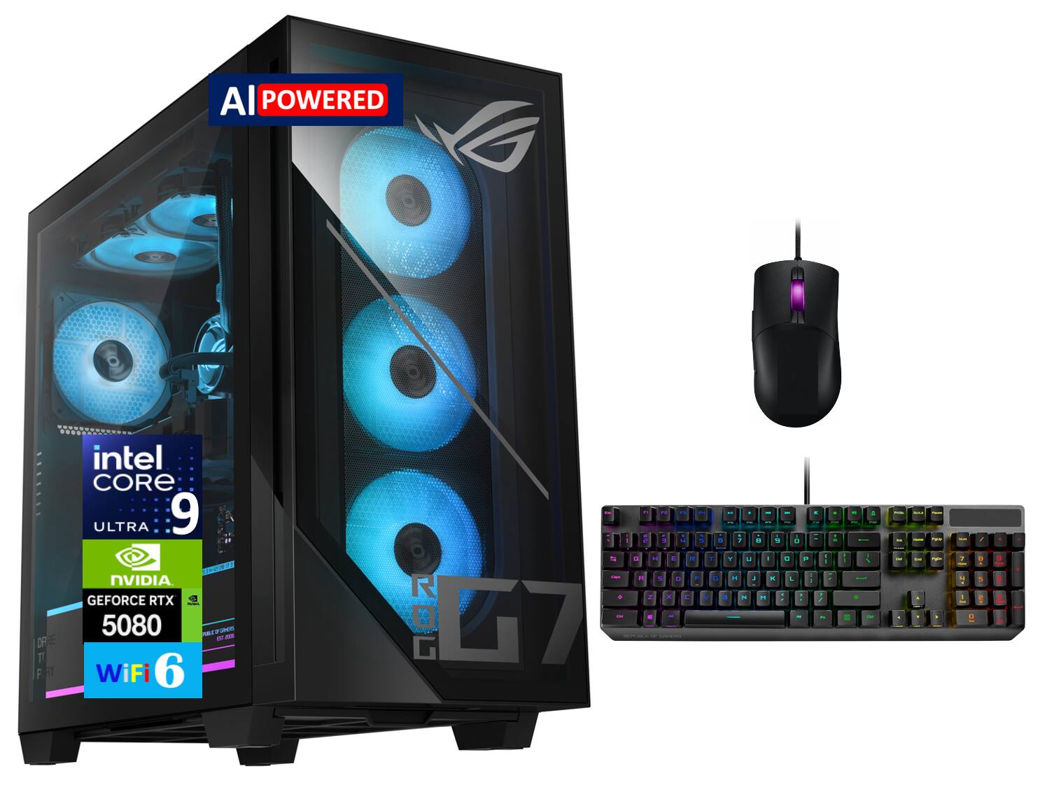 AI POWERED  
intel CORE ULTRA 9  
NVIDIA GEFORCE RTX 5080  
WiFi 6  
ROG G7