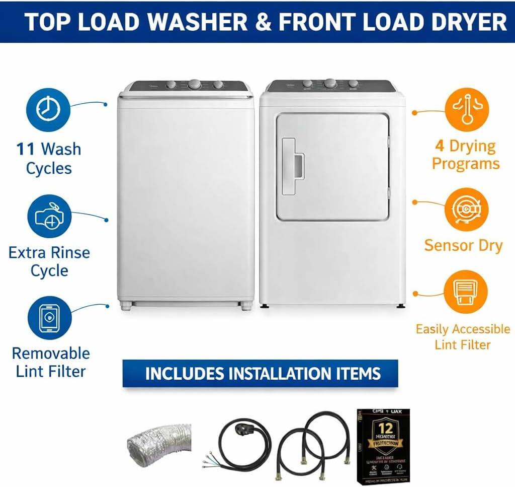 TOP LOAD WASHER & FRONT LOAD DRYER

- 11 Wash Cycles
- Extra Rinse Cycle
- Removable Lint Filter
- 4 Drying Programs
- Sensor Dry
- Easily Accessible Lint Filter

INCLUDES INSTALLATION ITEMS